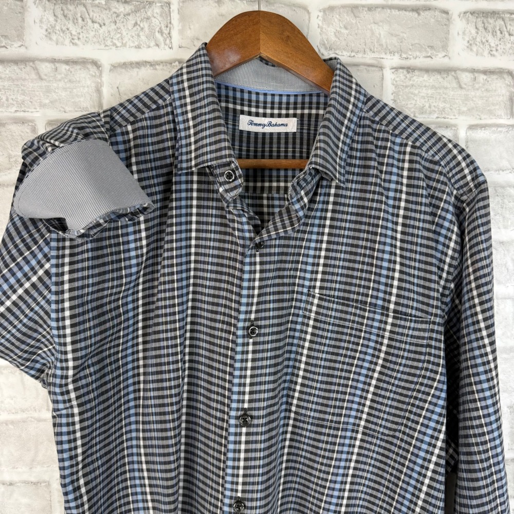 Tommy Bahama Mens Blue Black Plaid Cotton Silk Blend Button Down Shirt Large